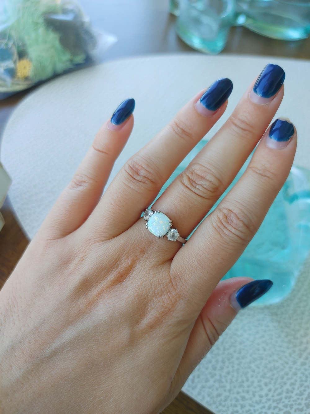 Opal and Cubic Zirconia Sterling Ring - White Opal